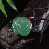 Jade Rose Flower Charm Pendant Necklace with Braided Rope