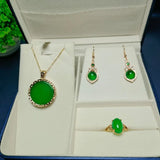 Green Jade Jewelry Set with Emerald Zircon Earrings and Rings