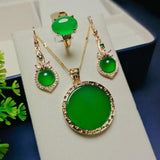 Green Jade Jewelry Set with Emerald Zircon Earrings and Rings
