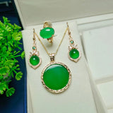Green Jade Jewelry Set with Emerald Zircon Earrings and Rings