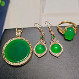 Green Jade Jewelry Set with Emerald Zircon Earrings and Rings