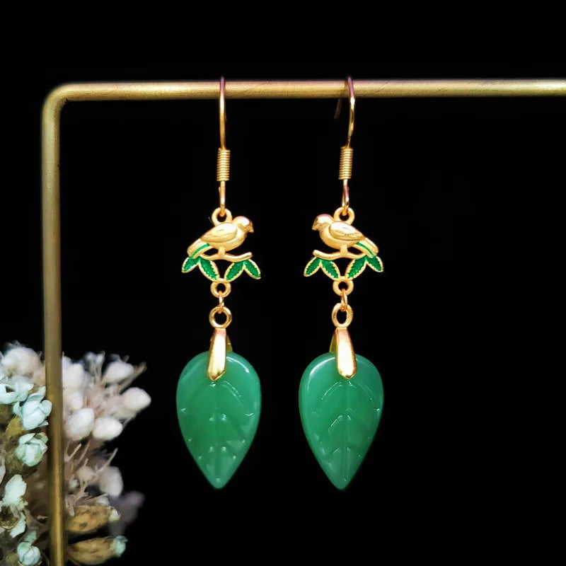 Jade Leaf Earrings Green Gemstone 925 Silver Charms Women