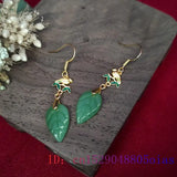 Jade Leaf Earrings Green Gemstone 925 Silver Charms Women