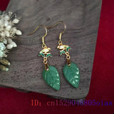 Jade Leaf Earrings Green Gemstone 925 Silver Charms Women