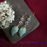 Jade Leaf Earrings Gemstones 925 Silver Charm Women Jewelry Natural Amulets