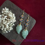 Jade Leaf Earrings Gemstones 925 Silver Charm Women Jewelry Natural Amulets