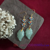 Jade Leaf Earrings Gemstones 925 Silver Charm Women Jewelry Natural Amulets