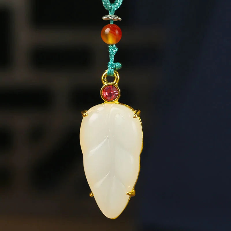 Jade Leaf Pendant 925 Silver Chalcedony Necklace