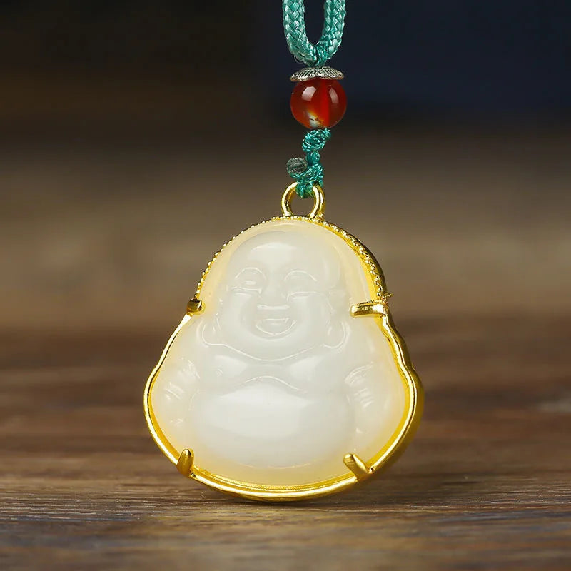 Jade Maitreya Pendant Zircon Crystal Buddha Silver Necklace