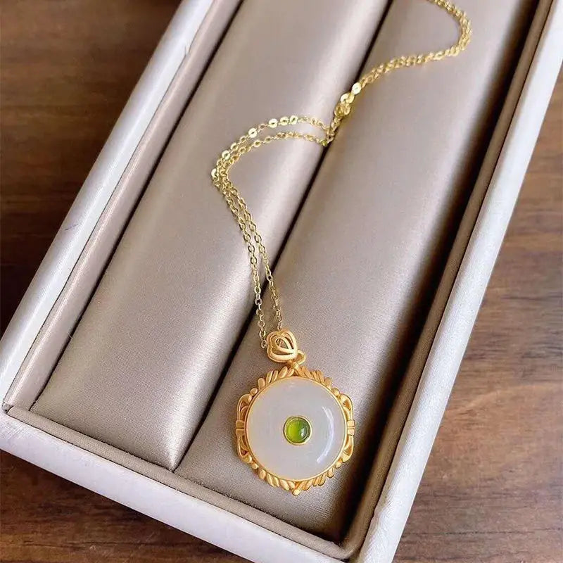 Sterling Silver Gilded Jade Necklace with Safety Buckle Pendant