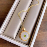 Sterling Silver Gilded Jade Necklace with Safety Buckle Pendant