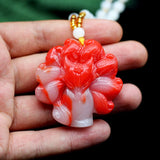 Red Jadeite Nine Tailed Fox Pendant Necklace Chinese Charm Jewelry