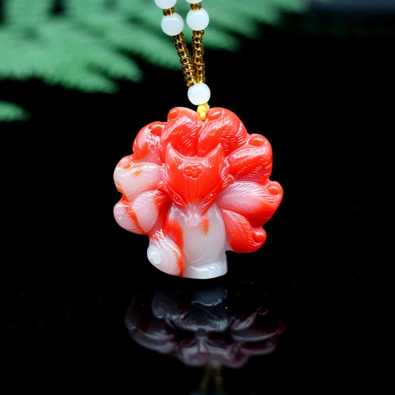 Red Jadeite Nine Tailed Fox Pendant Necklace Chinese Charm Jewelry