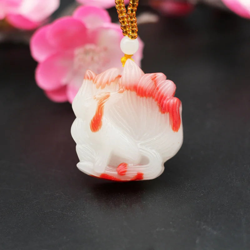 Red Jade Nine-tailed Fox Pendant Necklace Chinese Hand-Carved Charm