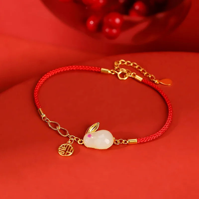 Jade Rabbit Red Rope Lucky Bracelet S925 Sterling Silver Gold-Plated Hetian Jade