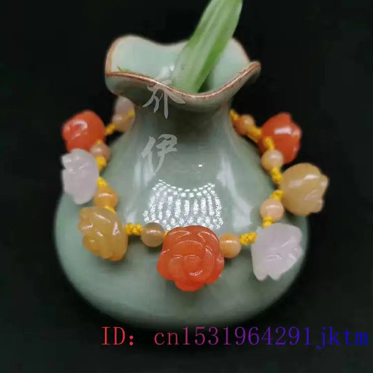 Jade Rose Bracelet Beaded Bangle Jewelry Stone Vintage Real Natural