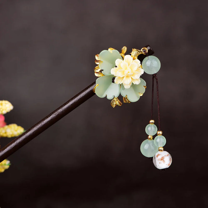 Jade Stone Flowers Hair Sticks Hairpin Charms