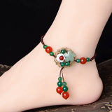 Chinese Carved Jade Stone Flower Anklets for Women