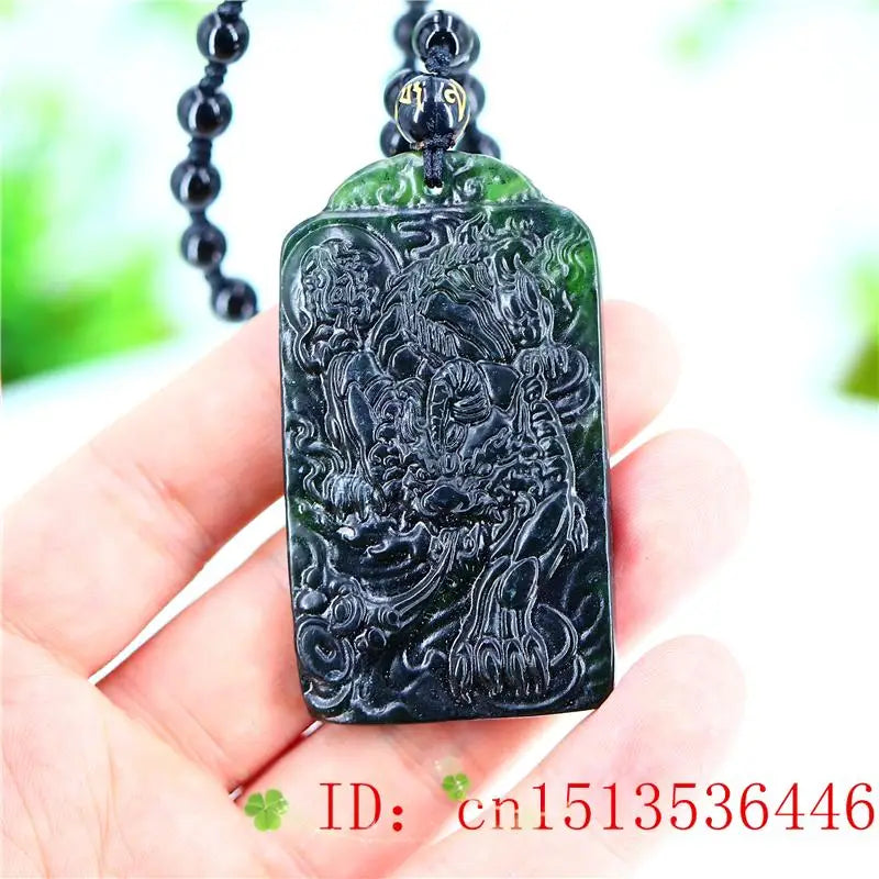 Jade Tiger Pendant Necklace Green Charm Amulet Carved Natural