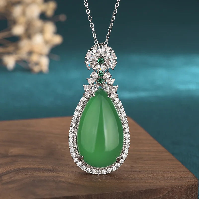 Vintage 925 Silver Jade Water Droplets Pendant Necklace
