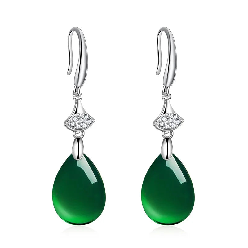 Green Chalcedony Water Droplet Earrings 925 Silver Women's Jewelry