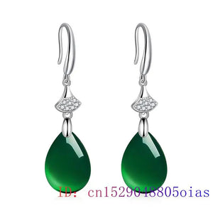 Green Chalcedony Water Droplet Earrings 925 Silver Women's Jewelry