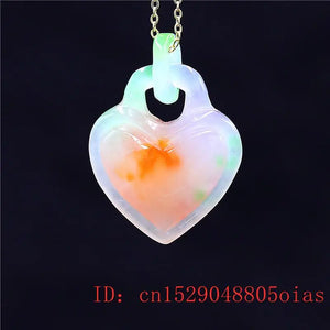 Green Jadeite Heart Pendant Amulet Chinese Necklace Jewelry Charm