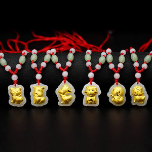 Zodiac Animal Pendant Necklaces Inlaid Jade Wedding Jewelry