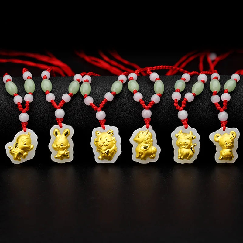 Zodiac Animal Pendant Necklaces Inlaid Jade Wedding Jewelry