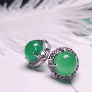 Vintage Green Yellow Jade Stud Earrings Sterling Silver Wedding Jewelry
