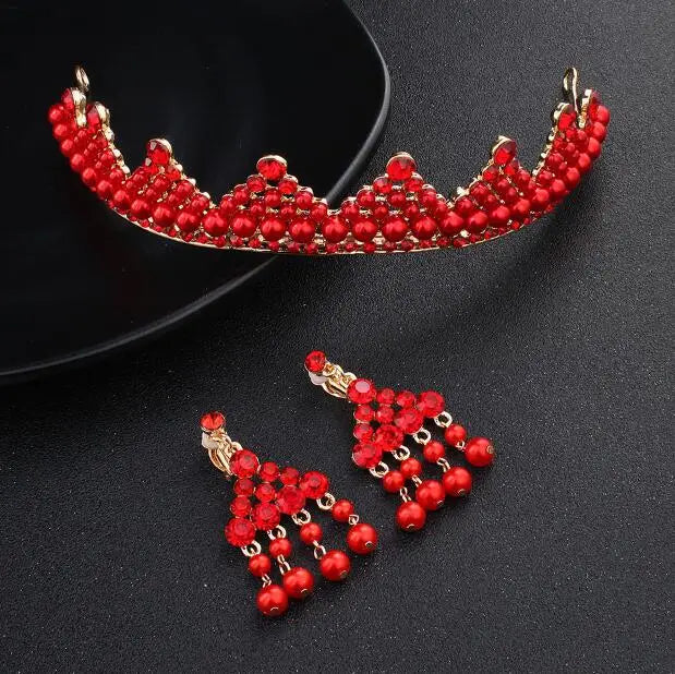 JaneVini Red Crowns and Tiaras Beaded Pearls Bridal Crown