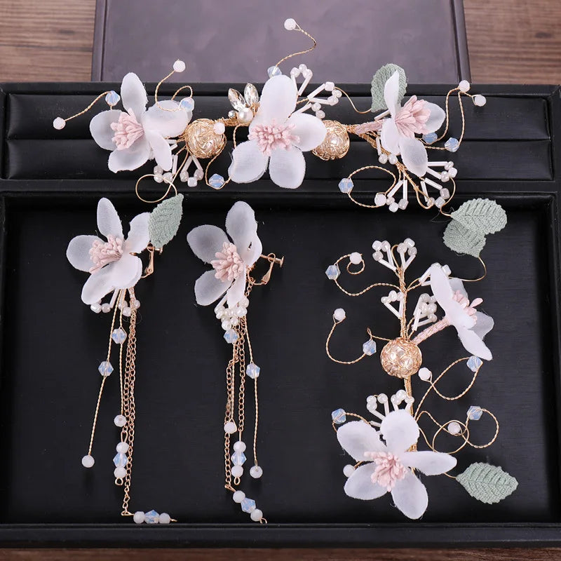 Korea Style Bride Headband Flowers Wedding Hair Clip and Earrings Set