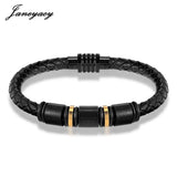 Janeyacy Men Bracelet Stainless Steel Magnetic Clasp Leather Vintage Bangle