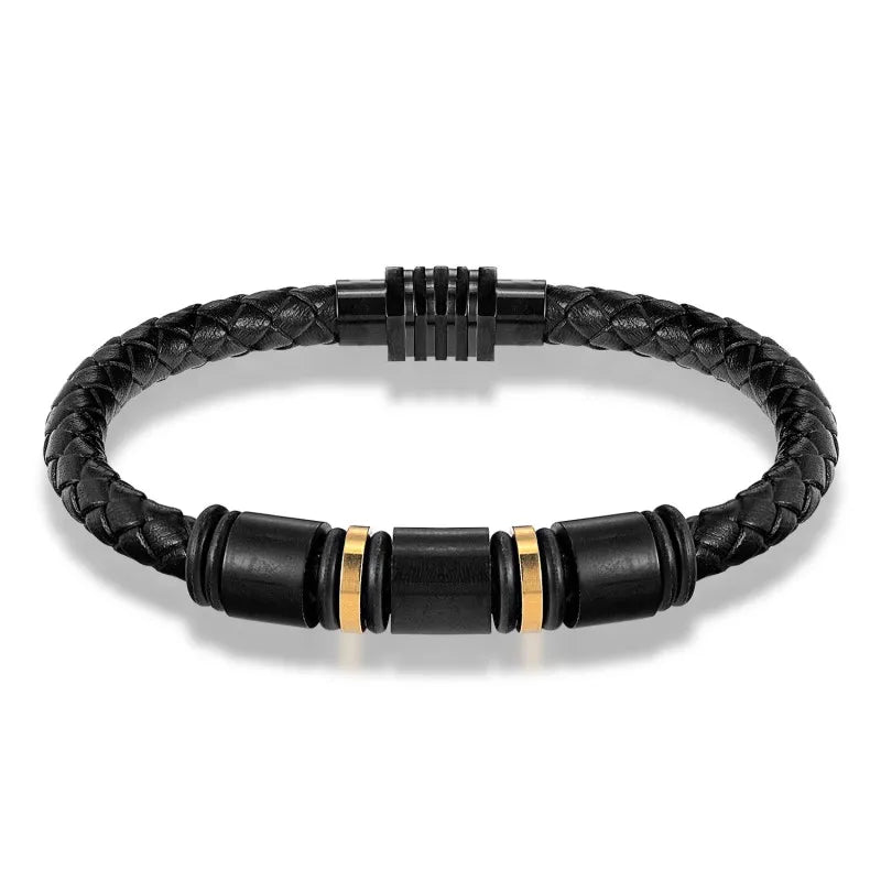 Janeyacy Men Bracelet Stainless Steel Magnetic Clasp Leather Vintage Bangle