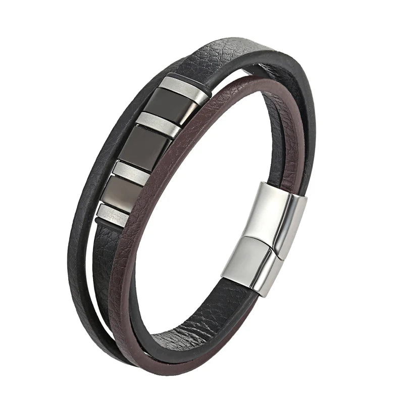 Janeyacy Leather Bracelet Stainless Steel Magnetic Clasp Bangles