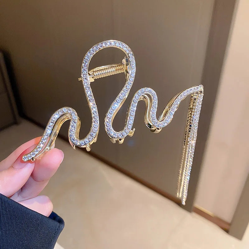 Japan & South Korea Rhinestone Wave Fringed Hairpin Metal Shark Clip