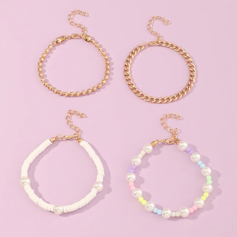 Japan Korea Children Bracelet Punk Metal Bead Chain 4 Set Bracelets for Girls