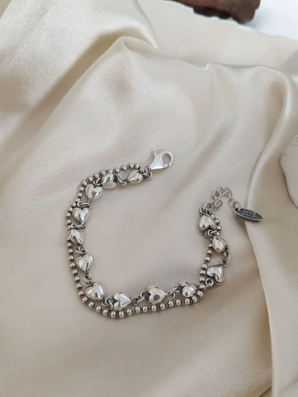 S925 Sterling Silver Double-Layer Love Bracelet - Retro Marcasite Sweet Bracelet