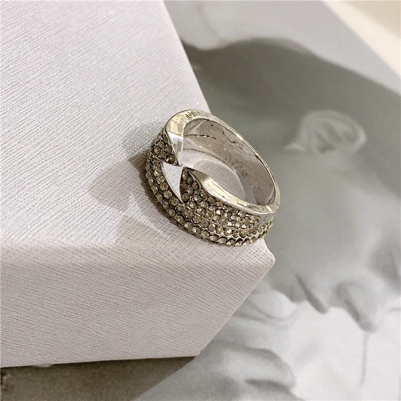 Japan Korea Snake Head Double Wide Ring Micro Inlaid Zircon Temperament