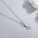 925s Silver Bear Girl & Bear Diamond Pendant Collarbone Chain Necklace
