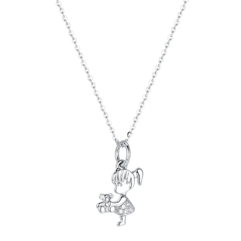925s Silver Bear Girl & Bear Diamond Pendant Collarbone Chain Necklace