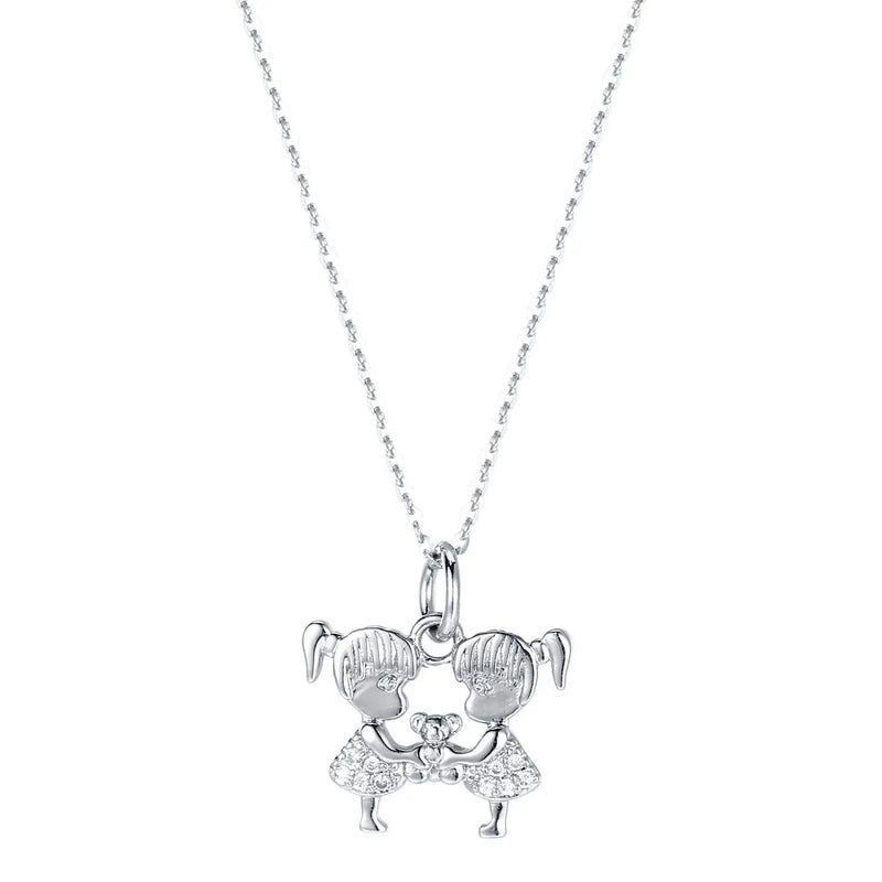 Japan & South Korea 925s Silver 2 Girls Bear Diamond Pendant Necklace