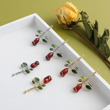 Japan Retro Oil Drop Red Rose Alloy Pendant DIY Hairpin Earring Accessories 2pcs