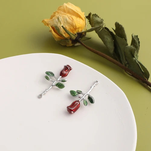 Japan Retro Oil Drop Red Rose Alloy Pendant DIY Hairpin Earring Accessories 2pcs