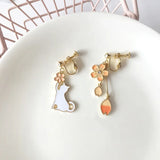 Japanese Cartoon Pink Sakura Cat Clip Earrings for Women Girls