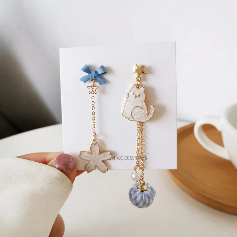 Japanese Cartoon Pink Sakura Cat Clip Earrings for Women Girls