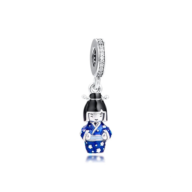 Japanese Doll Kimono Charm 925 Silver Fits Snake Chain Bracelets