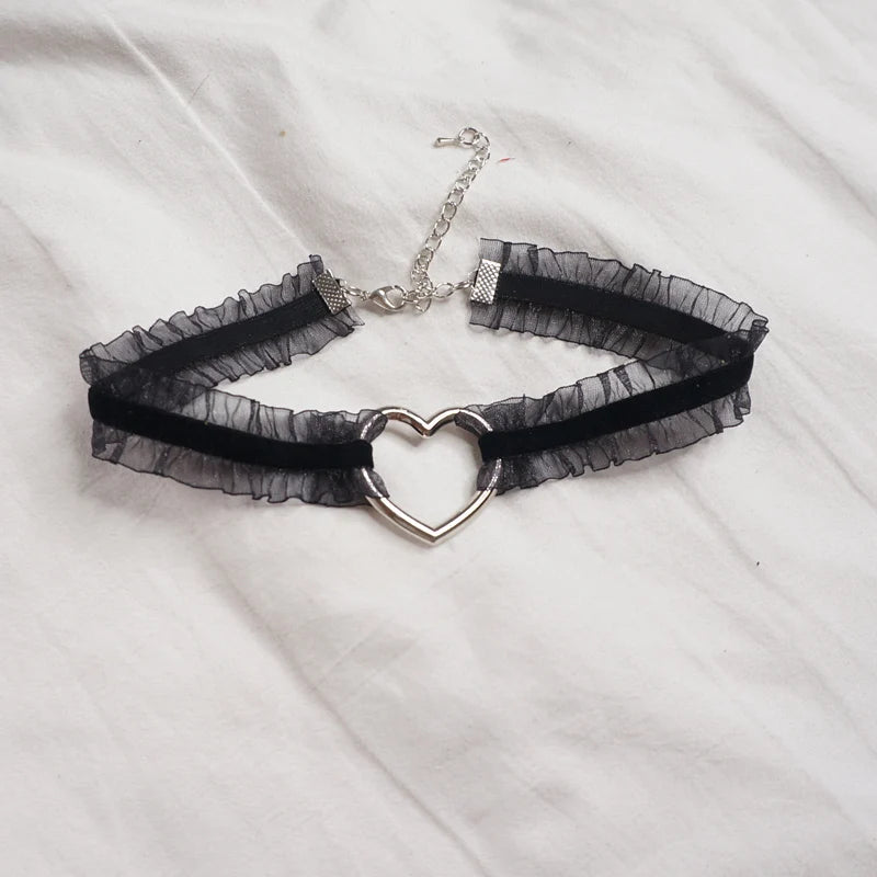 Japanese Girl Velvet Bow Hollow Love Heart Dark Lolita Choker