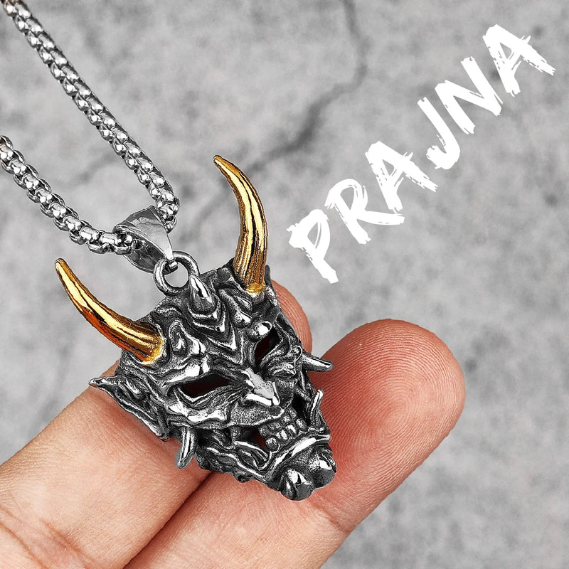 Japanese Hannya Mask Horn Stainless Steel Men Necklace Pendant