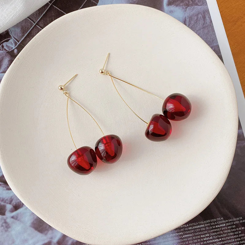 Harajuku Style Cherries Petal Dried Flower Fruit Earrings Exaggerated